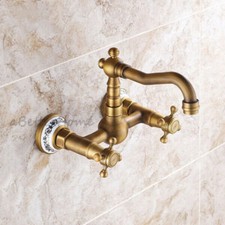 Antique Brass Ceramic Wall Swivel Kitchen Faucet Cross Handle Bridge Mixer Tap
