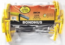 Inch Hex T-Handle Wrench Set 10pcs 3/32"-3/8" Bondhus USA 13338