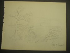 OTTO HEINRICH ENGEL Zeichnung "Landschaft mit Kirche" um 1900 SEHR SELTEN