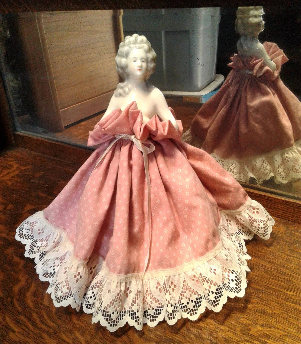 Antique Porcelain Figural Half Lady Night Light Table Lamp Shade Skirt Cage