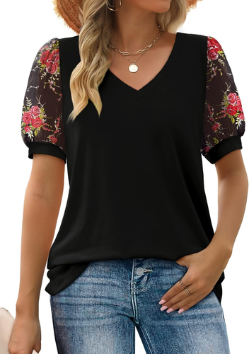 Womens Summer Tops V Neck T Shirts Swiss Dot Puff Sleeve Tops Loose Casual Tshir