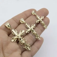 Shiny Filigree Cross Crucifix Jesus Pendant Solid Real 10K Yellow Gold All Sizes
