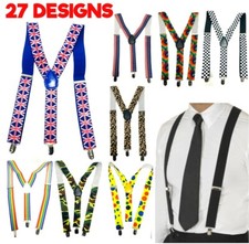 WIDE ADJUSTABLE BRACES SUSPENDERS ELASTIC PLAIN COLOURS CLASSIC GENTS LADIES UK