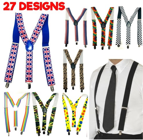 WIDE ADJUSTABLE BRACES SUSPENDERS ELASTIC PLAIN COLOURS CLASSIC GENTS LADIES UK - Afbeelding 1 van 28