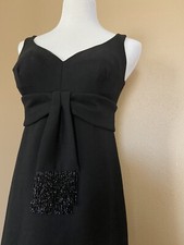 Vintage ILGWU Black Wool Dress Size 8 Built In Bra Empire Waist Beaded
