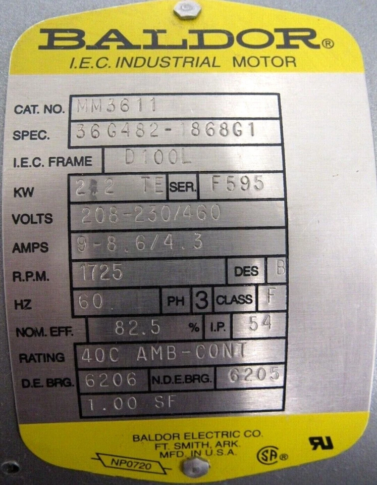 NEW BALDOR MM3611 MOTOR 2.2KW 208-230/460V 1725RPM 1-7/64" DIA. - Image 3 of 3