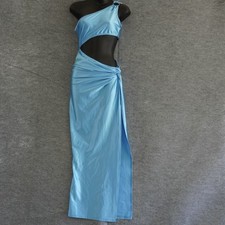 PrettyLittleThing Blue Satin Cut Out Maxi Dress US 2 UK 6 One Shoulder High Slit