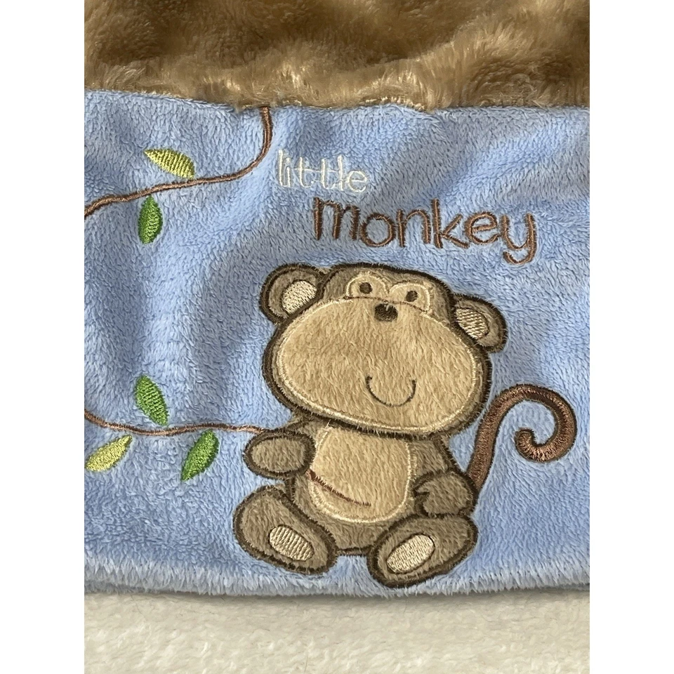 Baby Starters Blue Brown Little Monkey Boy Blanket Satin Patchwork Furry Squares - Image 3 of 4