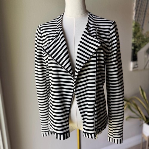 Premise Black White Striped Moto Jacket 4 Stripes Preppy Zip Up Lightweight - Picture 4 of 8