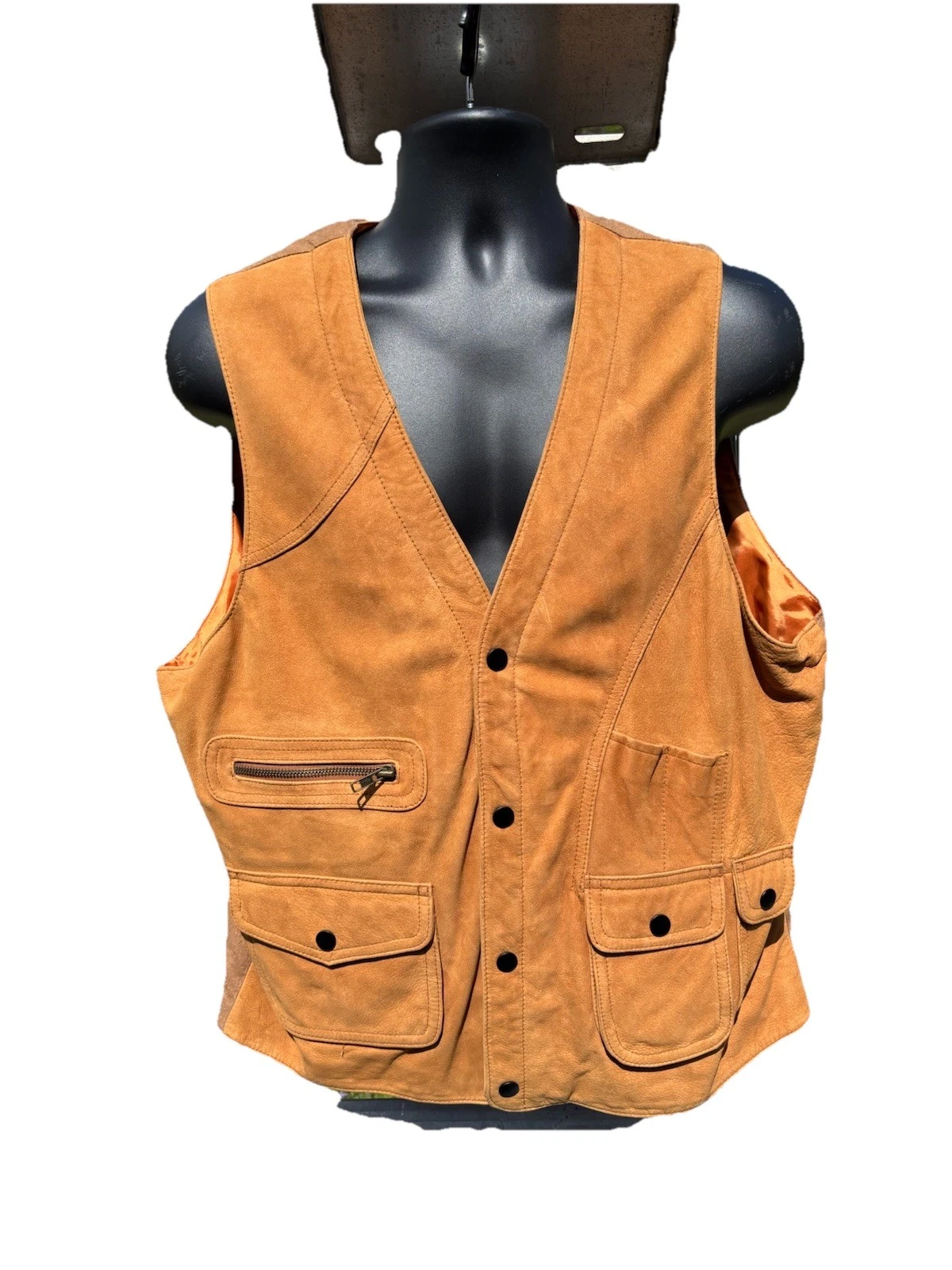 ORVIS Mens Leather Hunting Vest Sz M Safari Utility Snap Button Brown Vintage