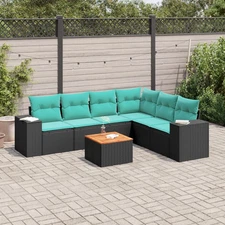 7 Piece Patio Sofa Set with Cushions Black Poly Rattan