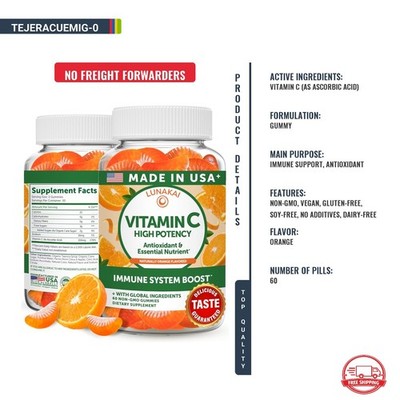 Vitamina C en Gomitas 300mg Apoyo Inmunológico para Adultos y Niños 60ct