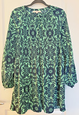 LOFT Dress M Green Mandala Print A-Line Long Sleeve High Neck Boho EUC