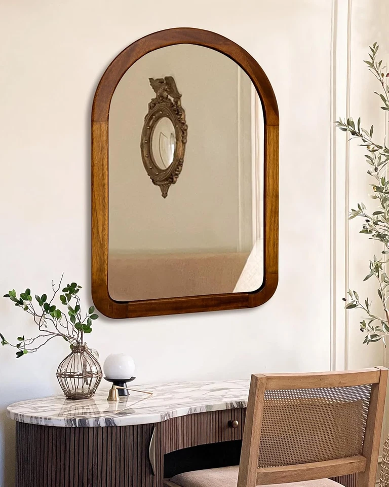 Arched Mirror 24 X 36 Inch,Brown Wood Rustic Bathroom Tempered Wall Mirror with  - Image 2 of 4