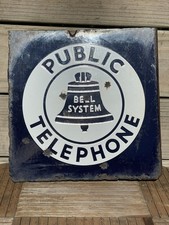 Original Vintage Bell System Public Telephone 2 Side Flange Metal Porcelain Sign