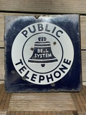 Original Vintage Bell System Public Telephone 2 Side Flange Metal Porcelain Sign