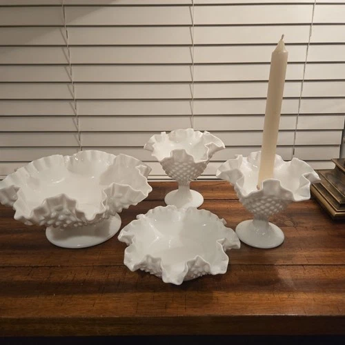 Hobnail 4 Piece Lot Fenton unmarked Milk Glass Ruffled Edge