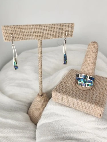 Vintage 925 Sterling Silver And Abalone Set, Ring And Earrings, Size 7.5, Signed