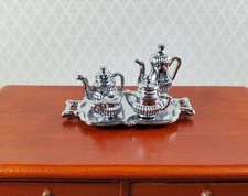 Dollhouse Small Silver Metal Tea Coffee Set with Tray Creamer Sugar Dish