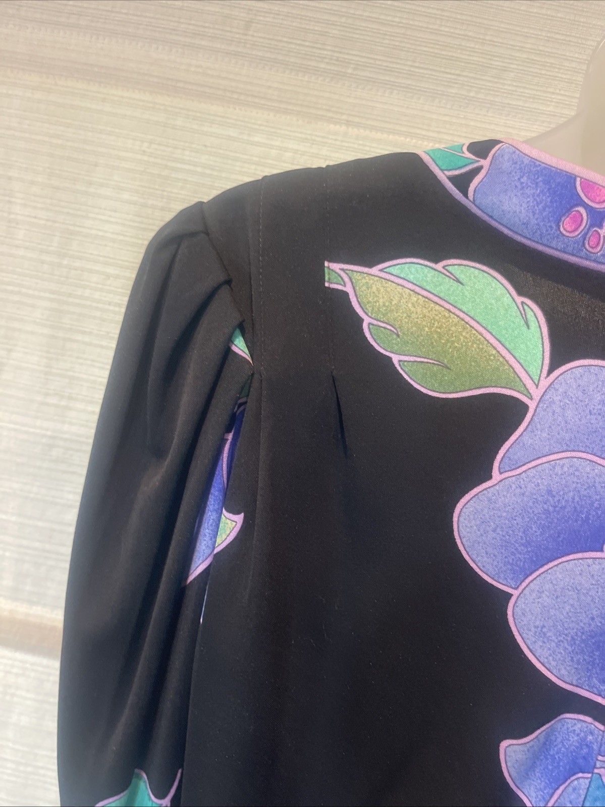 LEONARD Paris Black/Lavender Floral Silk Mikado Knit Cuffs Blouson Top~XS~EUC