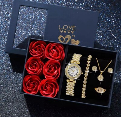 Box 6 Stück Valentinstag Damenuhr + Armband und Halskette als Geschenk 