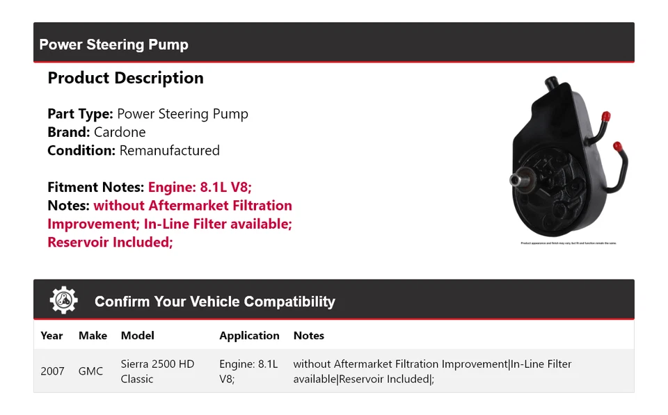 Bomba de dirección asistida Cardone para GMC Sierra 2500 HD Classic 2007 8,1 L V8 Foto 2 de 4