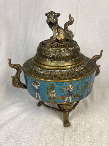 Antique Chinese Bronze Cloisonné Censor with Foo Dog Finial Lid 19th C - Picture 1 of 10
