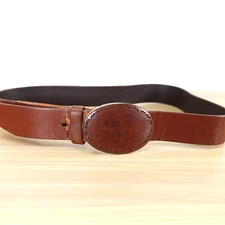 VINTAGE Western Belt Men 36 Brown Leather Cowboy Oval Medieval Wide Buckle USA