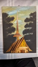 Holzbild handbemalt Kirche im Wald religi&ouml;se Volkskunst