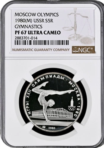 1980  Russia Olympics, Gymnastics 5 Rouble,  NGC Graded**PF-67 UHC**