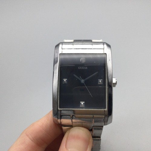 Guess Steel Tank Watch Men Silver Tone 36mm Date Black Dial New Battery 7.25" - Picture 7 of 13