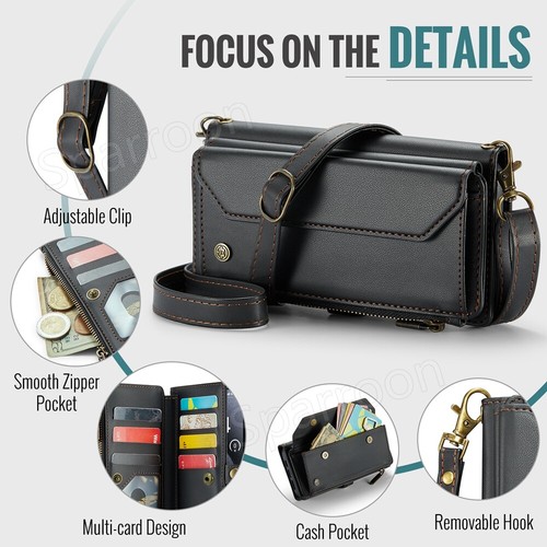 Wallet Case For iPhone 16 15 14 13 12 Pro Max Plus Leather ZIP Bag Strap Cover - Picture 20 of 70
