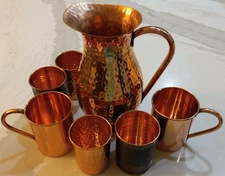 Pure Copper Hammered Pitcher 2 Tumblers, 2 Moscow Mules & 2 Antique Style Cans