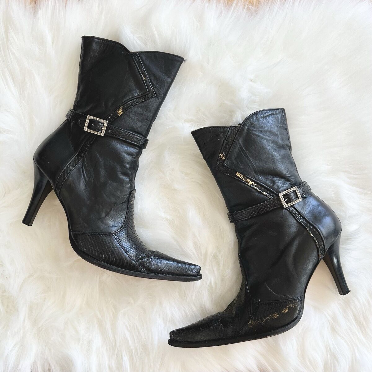 Vintage Y2K 2000s Black Leather Snakeskin Buckle Heel Ankle Vintage Y2K 2000s Black Leather Snakeskin Buckle Heel Ankle