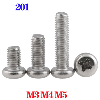 M3 M4 M5 Phillips Round Pan Head Machine Screw Bolts 201 Stainless 6mm~30mm Long