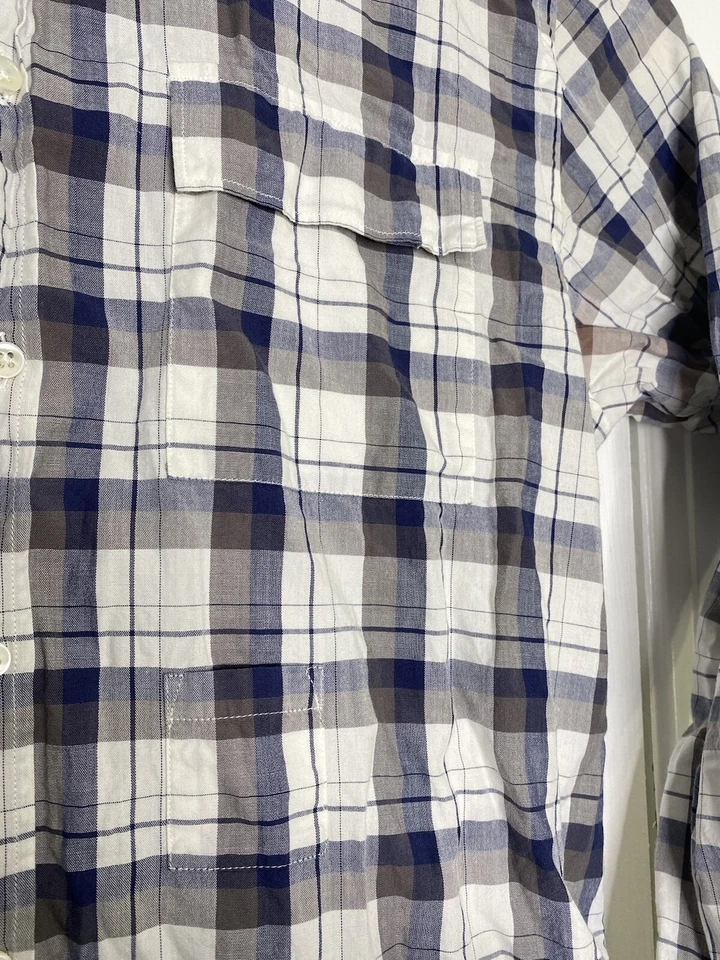 Camisa masculina Simon Spurr com botão duplo peito frontal azul branca marrom xadrez grande - Imagem 3 de 4