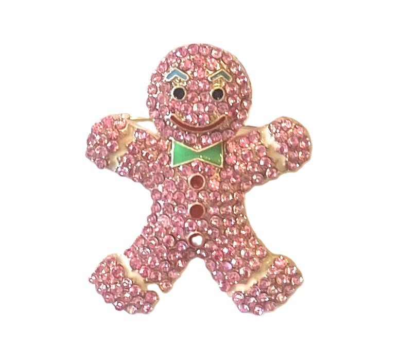 GINGERBREAD MAN BROOCH! Yummy! Sparkling Pink Crystals! Enameled Pendant Pin.