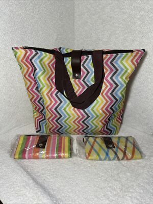 Reusable Chevron & Strips Print Foldable Tote Bag Colorful Nylon Zipper 3 Bags