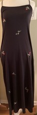 Natori Long SlipDress Nightgown Black With Floral Decals Adjustable Straps S
