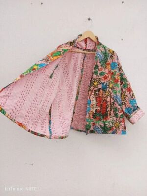 Handmade Kantha Jacket Quilted Short Kimono Women Wear White Frida Khalo pink