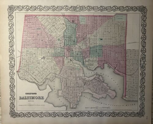 1870 Colton's Baltimore City Plan Hand Coloured Original Antique Map 17" x 14"