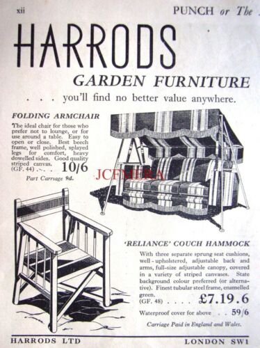 Vintage HARRODS Garden Furniture Advert : Small 1940 WW2 Print - Afbeelding 1 van 1