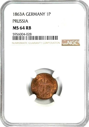 1863 A German States Prussia 1 Pfennig, NGC MS 64 RB, Germany 028  