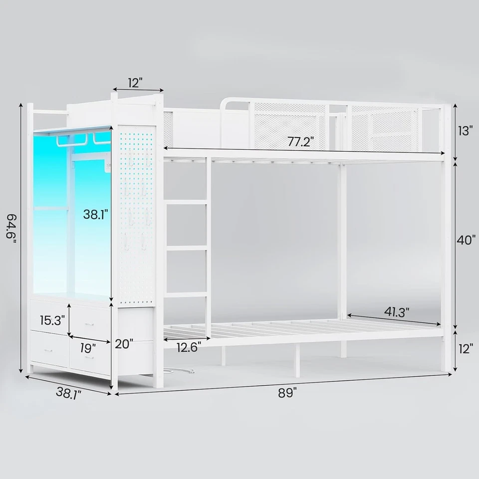 Metal Bunk Bed Twin Over Twin with Hall Tree, 4 Storage Drawers and LED Lights - Image 2 of 4