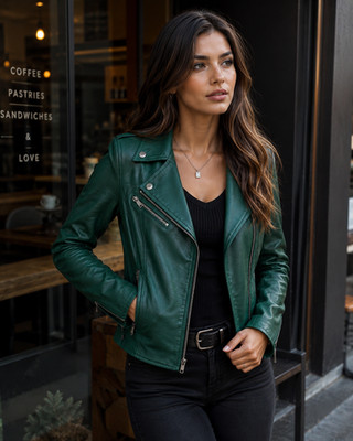 Women s Emerald Green Leather Jacket Slim Fit Moto Biker Coat Chic Streetwear