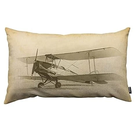 Vintage Airplane Throw Pillow Cover - Retro Biplane Design 12x20 Inch