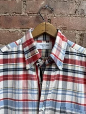 Thom Browne Men’s Shirt, Sz 2, Plaid Oxford 100% Cotton, Tricolor Faille USA