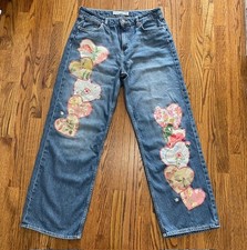 Jeans Upcycled  Applique Hearts, Vintage Embroidery, Women's Denim Brand SZ 14