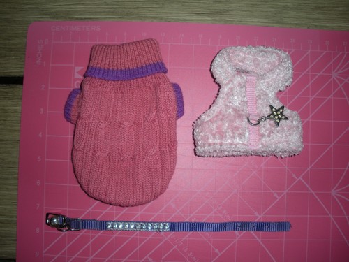 Pink with purple XXXS Sweater, Pink Fuzzy XXS Harness & Fancy Purple collar LOT