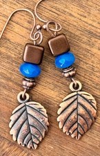 Copper Leaf and Blue Crystal Dangle Earrings. Bohemian Chic.